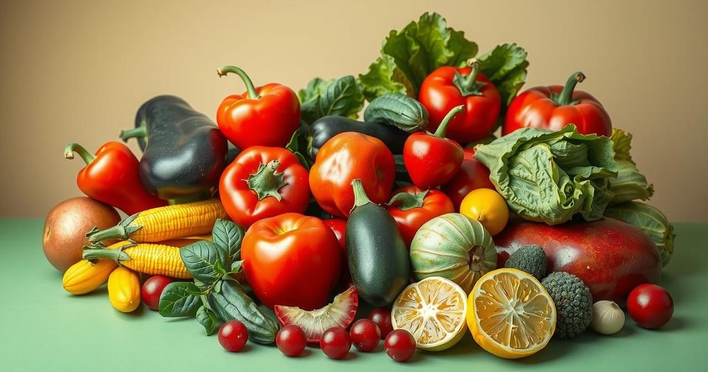 Gorgeous still life of healthy vegetables and fruits promoting a balanced diet and healthy lifestyle.