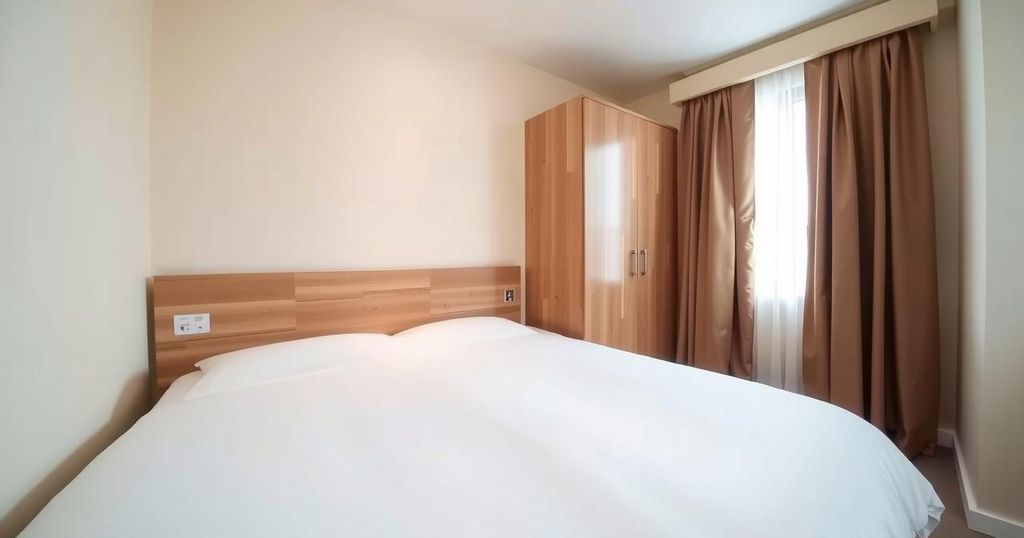 Ruangan hotel sederhana dengan tempat tidur, jendela, dan dinding netral, menciptakan suasana tenang dan bersih.