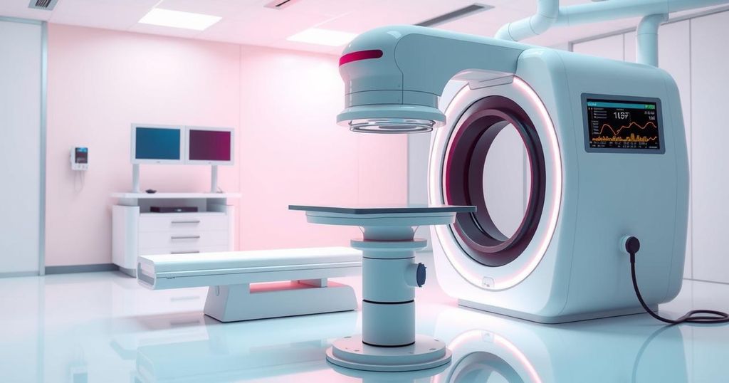 Gambar representasi inovasi terapi kanker dengan alat biomedis modern dalam latar belakang yang bersih dan cerah.