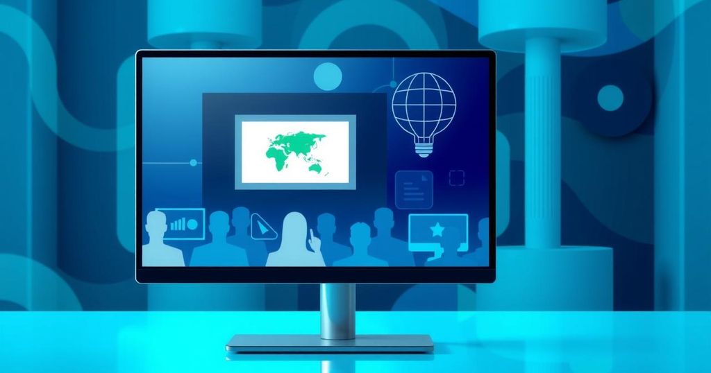 Virtual town hall meeting on missile community health study with abstract elements in blue and green color scheme.