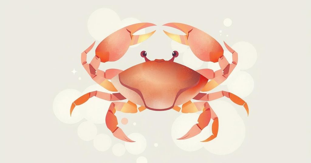 Ilustrasi Cancer dengan nuansa lembut, simbol kepiting di dalam palet warna pastel, menggambarkan pertumbuhan emosional.