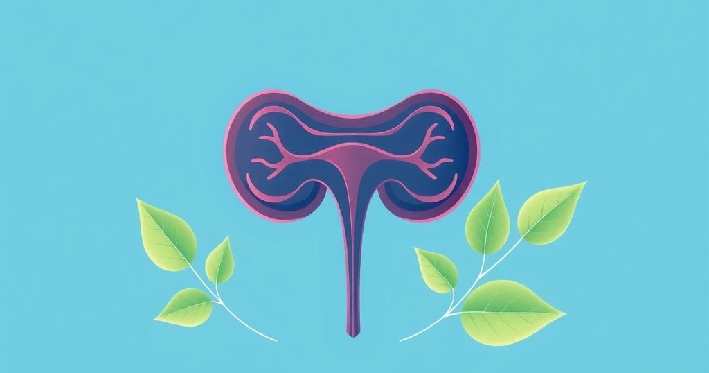 Ilustrasi kesehatan pria dengan organ prostat dikelilingi latar warna biru tenang dan hijau segar.