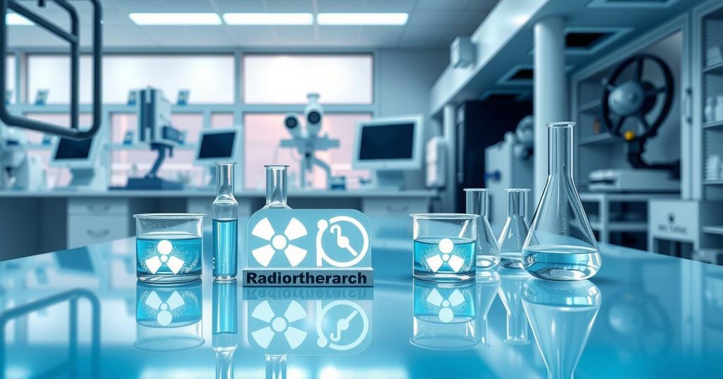 Konsep penelitian dengan latar belakang laboratorium berteknologi tinggi dan simbol radioterapi di atas meja
