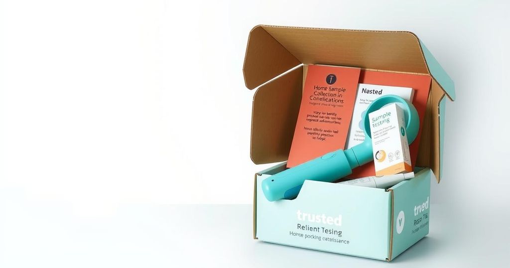 Alat pengambilan sampel kesehatan modern berwarna teal dalam kotak kiriman. Sistem yang merevolusi pemeriksaan kesehatan wanita.
