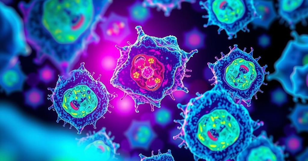 Ilustrasi dari teknologi Cell Painting dengan sel berwarna cerah menunjukkan analisis flavonoid pada sel kanker.