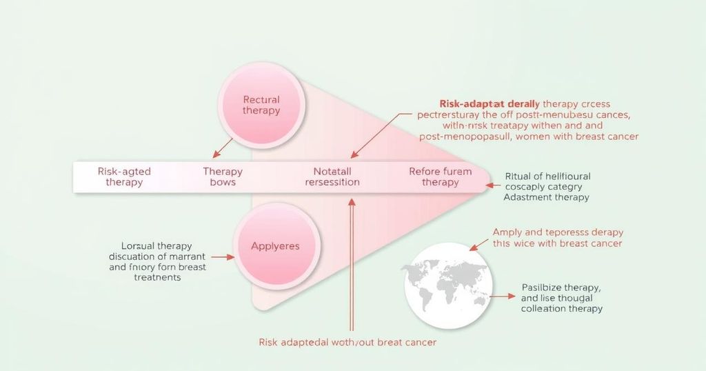 Diagram where postmenopausal women manage breast cancer via therapy guided by prognostic standard mortality rate.