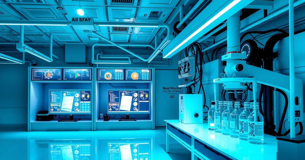 Pemandangan laboratorium modern dengan alat teknologi AI untuk penelitian, latar biru hijau memberikan kesan canggih dan futuristik.