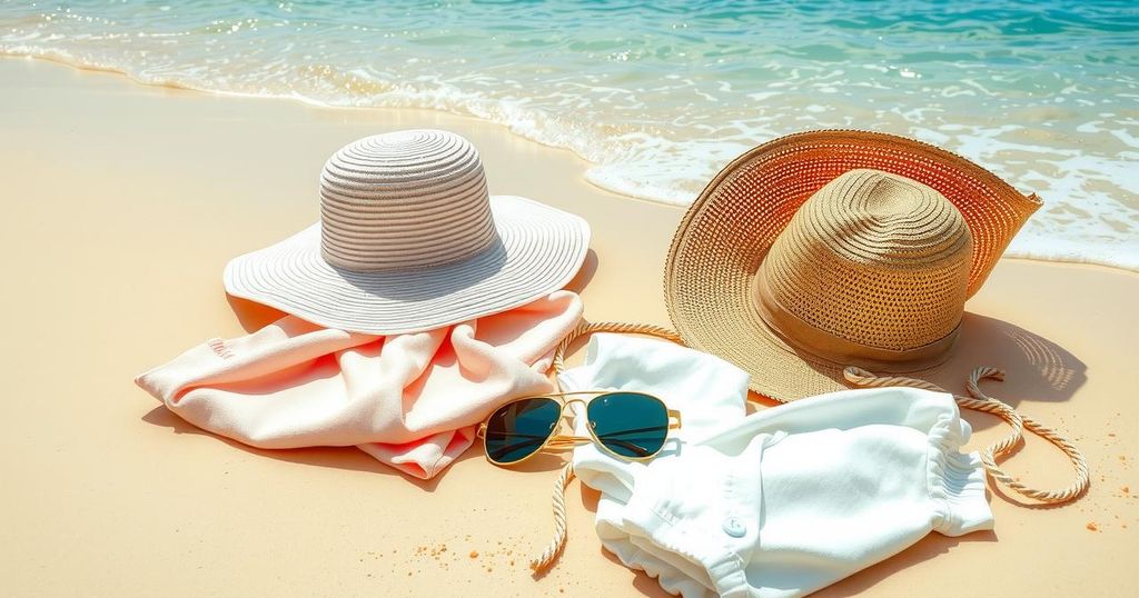 Pembawa kesadaran kanker kulit dengan tema pantai dan perlindungan dari matahari, menggunakan palet warna cerah.