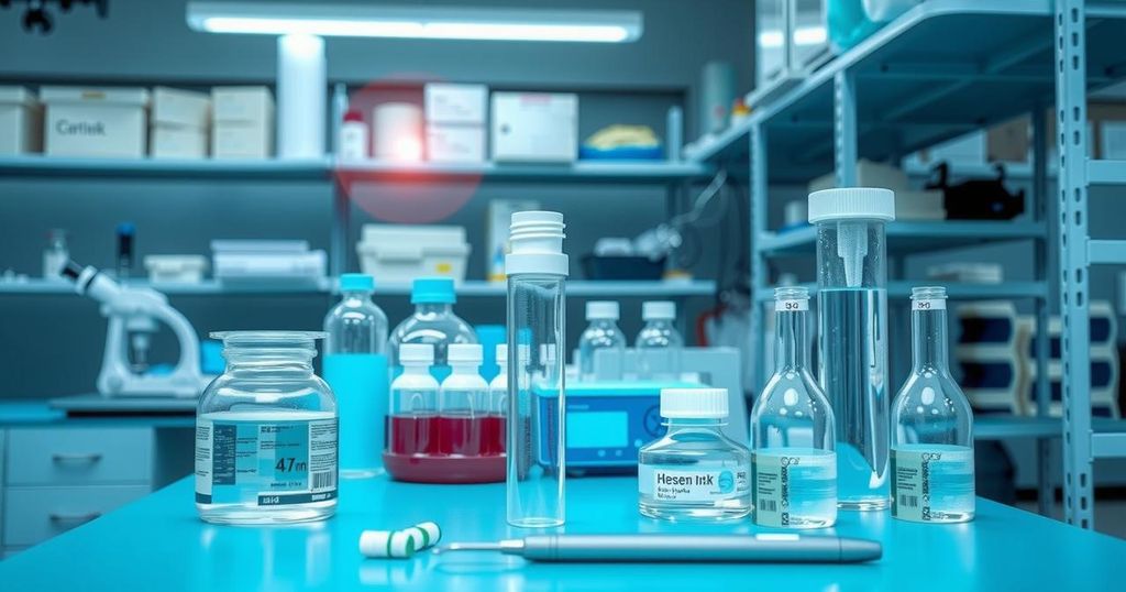 Bahan baku penelitian untuk pengembangan obat baru di laboratorium dengan alat ilmiah di latar belakang.