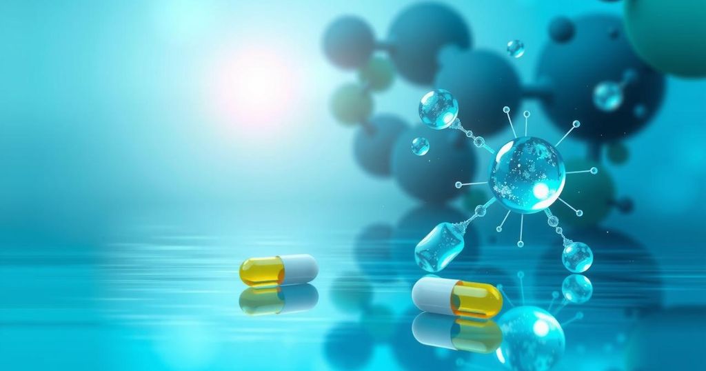 Lutetium treatment therapy concept with abstract medical elements in calming blue and green tones.
