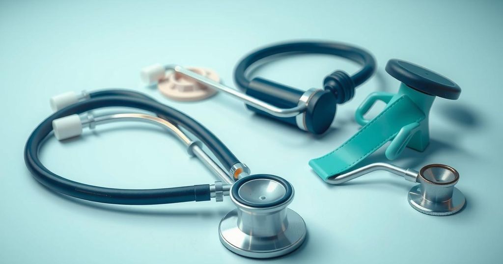 Dokter meminta pria menjalani skrining kesehatan dengan stethoscope dan alat medis di latar belakang.