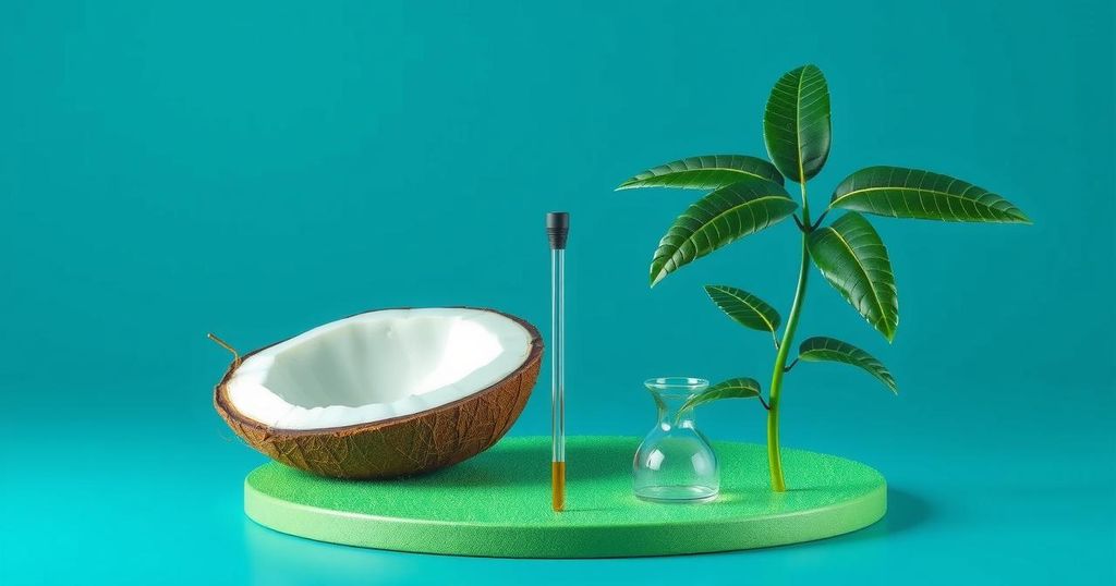 Alat biosensor semikonduktor untuk deteksi dini, dasarnya kelapa hijau dengan latar belakang biru.