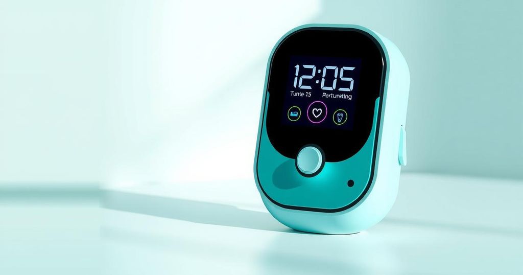 Alat inovatif untuk tes kesehatan di rumah dengan desain teal yang modern dan bersih.