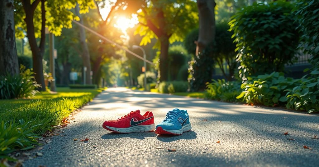 Ilustrasi langkah kaki dengan sepatu olahraga di jalur taman yang cerah dan hijau, menonjolkan gaya hidup sehat.
