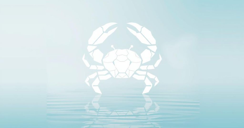 Pertanda astrologi Cancer dengan suasana tenang, dimana simbol kepiting dicat putih di latar belakang yang damai.