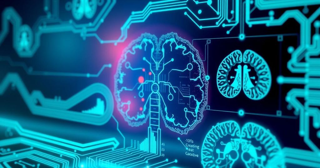 Siluet teknologi AI dalam analisis gambar biopsi prostat dengan nuansa biru-hijau