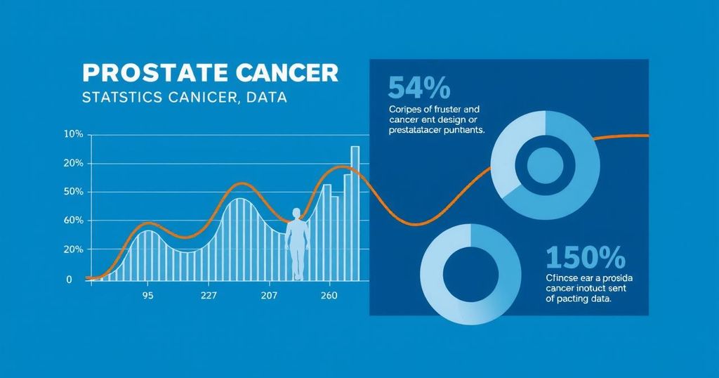 Grafis dengan latar belakang biru, diagram statistik informasi kanker prostat, grafik garis dan lingkaran, tanpa angka.
