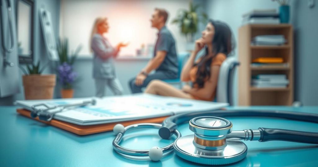 Ilustrasi alat kesehatan dengan latar belakang dokter yang sedang berbicara di ruang konsultasi medis.