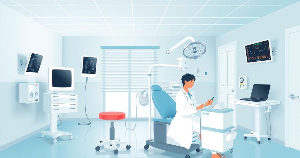 Ilustrasi visual tentang kanker prostat dengan peralatan medis di ruangan kesehatan yang terang dan bersih.