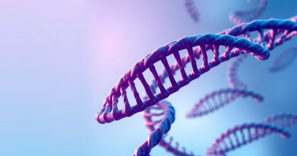 Ilustrasi mutasi genetik yang kompleks dalam kontras warna biru dan ungu, efek mutasi pada struktur DNA.