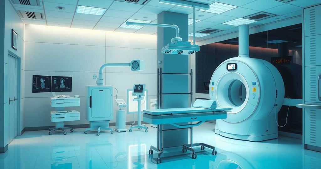 Gambar penelitian perawatan kanker prostat dengan alat imaging modern, latar belakang biru dan nuansa hijau.