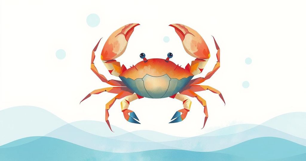 Ilustrasi ramalan bintang Cancer dengan warna lembut menonjolkan sisi kehidupan dan tantangan.