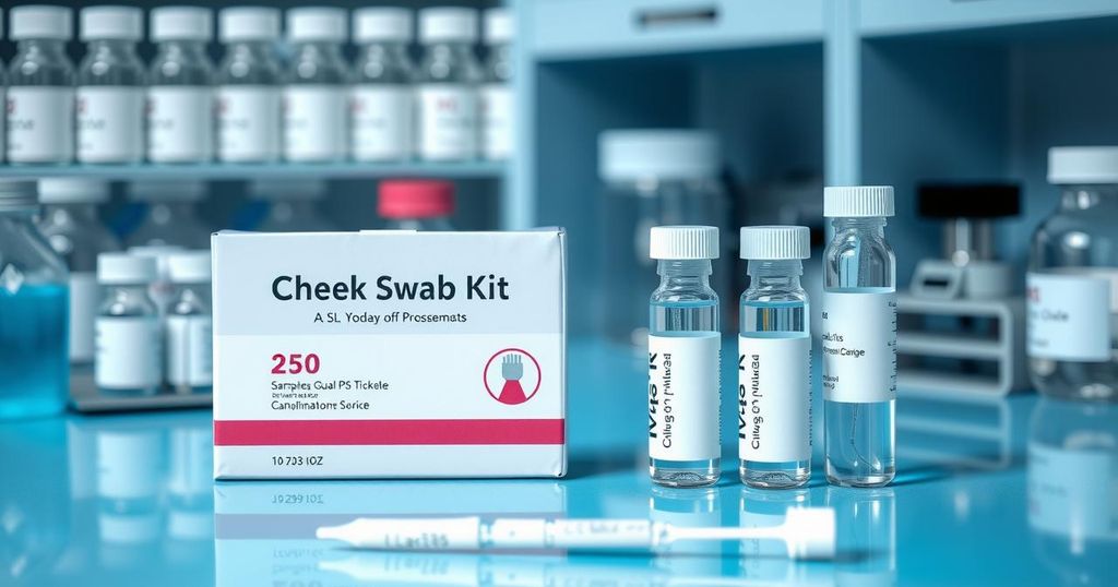 Bottles, a cheek swab, and a lab setup indicating cancer research and genetic analysis.