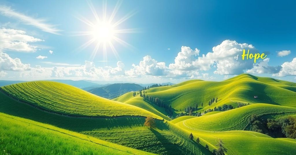 Pemandangan tenang lanskap alam dengan pemandangan bukit hijau dan langit yang cerah, menggambarkan harapan dan kesehatan.
