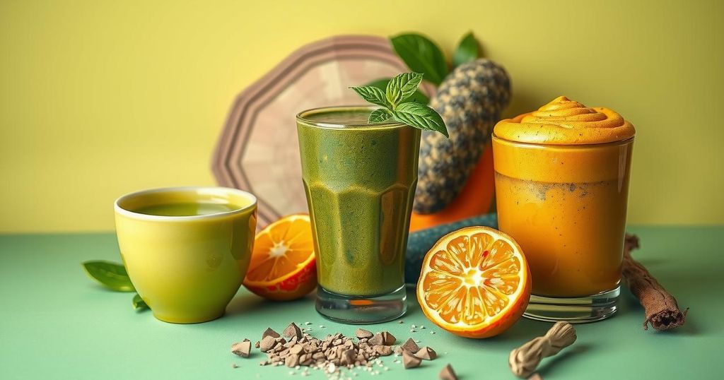 Minuman sehat untuk mendukung kesehatan tubuh dan mengurangi peradangan, seperti teh hijau, smoothie hijau, dan latte kunyit.