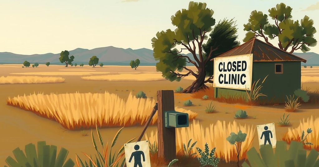 Rural landscape with an empty clinic, symbolizing challenges in cancer care access due to healthcare budget cuts.