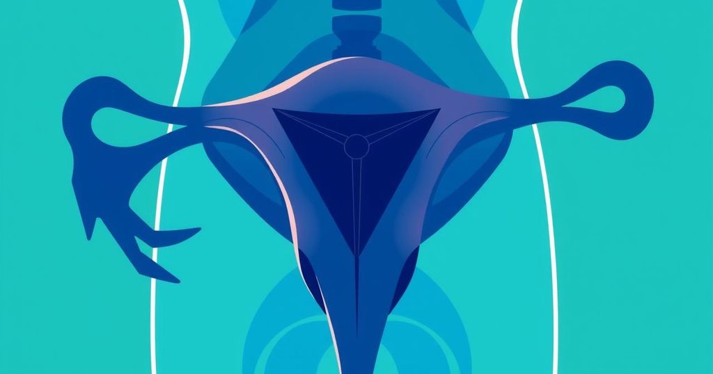 Gambar ilustrasi tentang sistem reproduksi pria dengan warna biru dan hijau yang menampilkan organ tubuh secara abstrak.