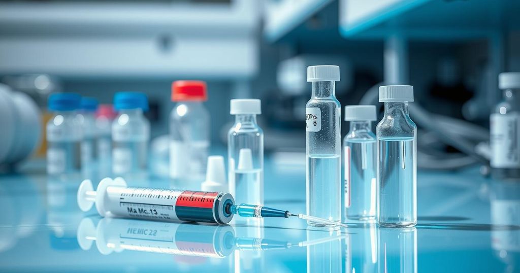 Syringe with samples and vials representing medical approval and treatments for advanced conditions