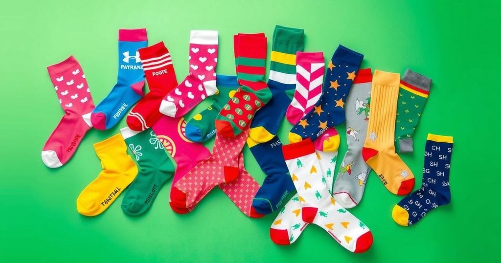 Sekumpulan kaus kaki berwarna cerah diletakkan di permukaan hijau, mewakili dukungan untuk penggalangan dana.
