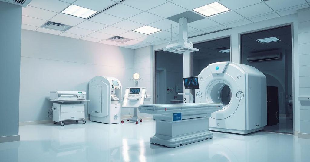 Pemandangan dalam fasilitas kesehatan modern dengan perangkat pemindai CT dan detail teknologi canggih.