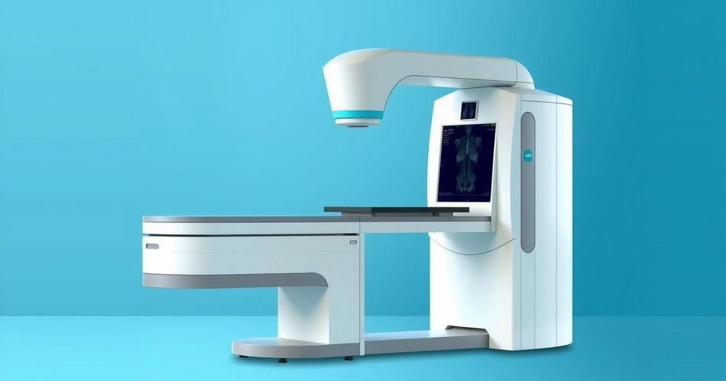 Siluet alat digital mammografi modern dengan latar belakang warna biru yang tenang.