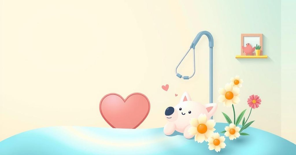 Ilustrasi dukungan perawat dalam menghadapi kesedihan pada kanker otak anak, dengan nuansa cerah dan warna pastel.