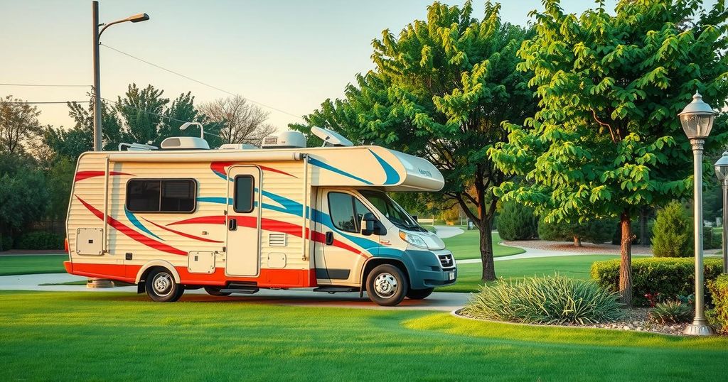 RV berwarna cerah di parkir dengan latar belakang taman di Tyler, Texas, simbol kesadaran kesehatan kulit.