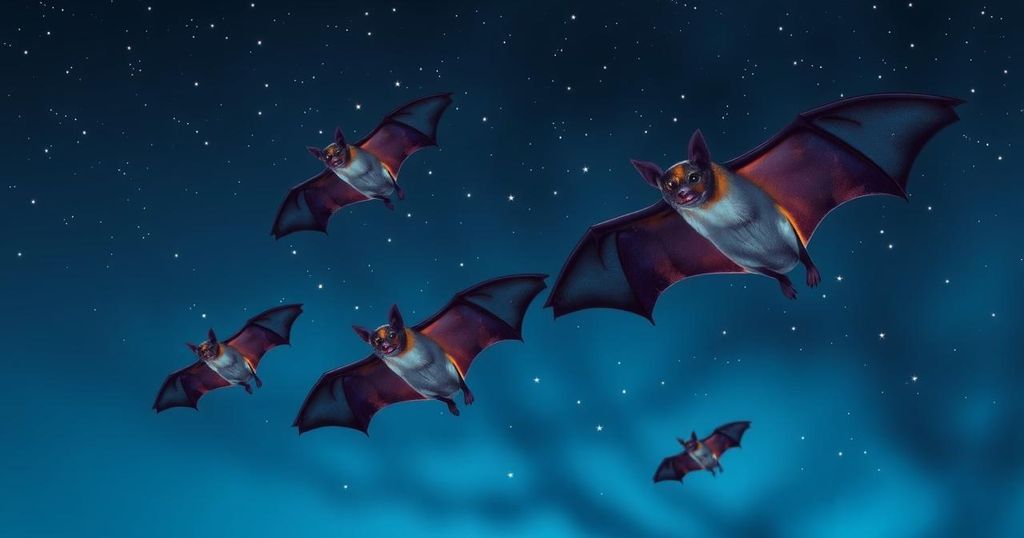 Ilustrasi kelelawar berterbangan di malam hari, mewakili penelitian tentang umur panjang dan kekebalan.