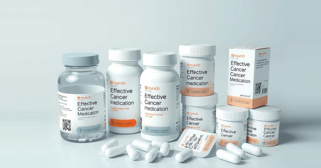 Obat kanker efektif dengan kemasan rapi dan label jelas di latar belakang netral.