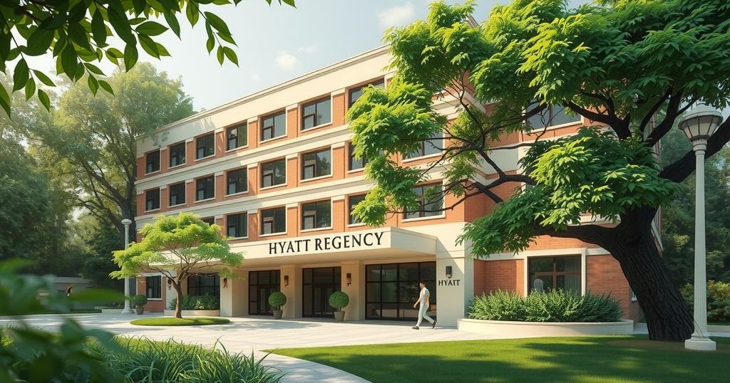 Pemandangan luar Hyatt Regency dengan elemen alami, simbol perhatian terhadap kesehatan masyarakat dan pencegahan kanker.