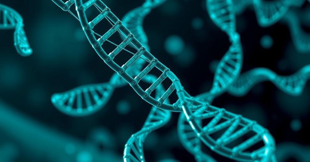 Gambaran konsep BRCAness dalam kanker, menyoroti mekanisme perbaikan DNA dengan skema warna biru dan hijau dark.