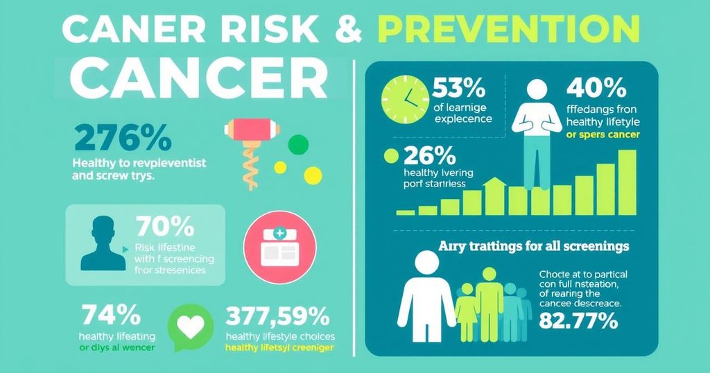 Infographic tentang pencegahan dan risiko kanker dengan grafik informatif sehat, berwarna cerah.