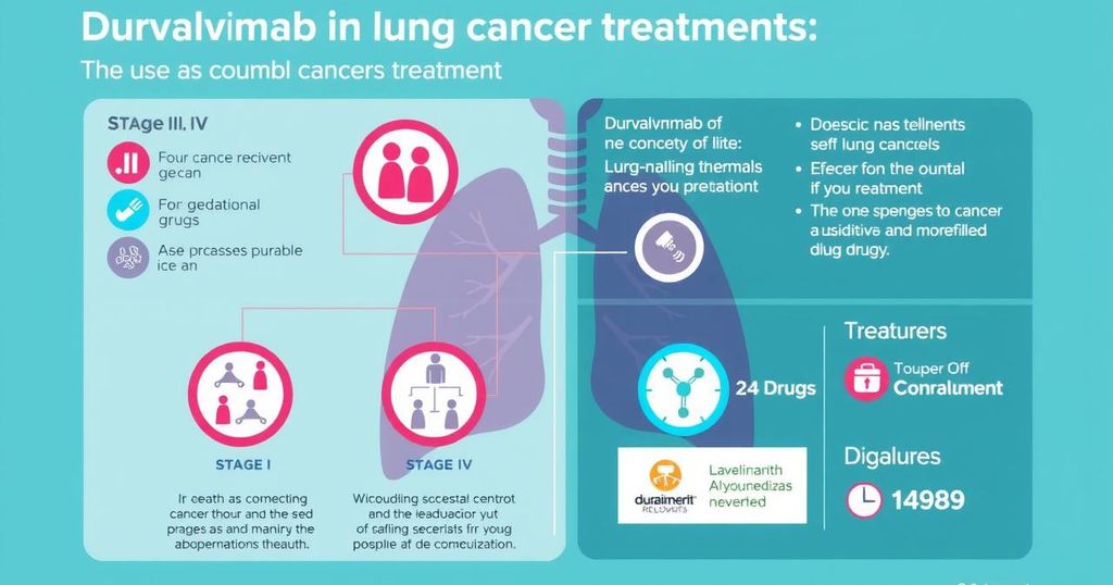 Diagram explaining durvalumab's use in lung cancer treatments with emphasis on stages and combinations.