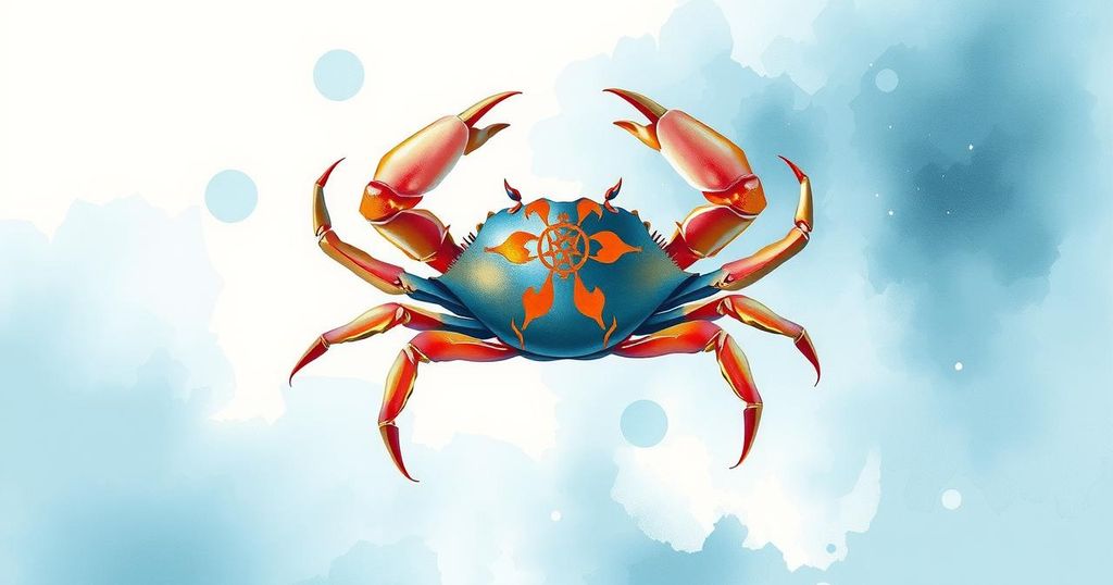 Harmonious astrological theme with a crab symbol in soothing white and blue colors, evoking tranquility and balance.