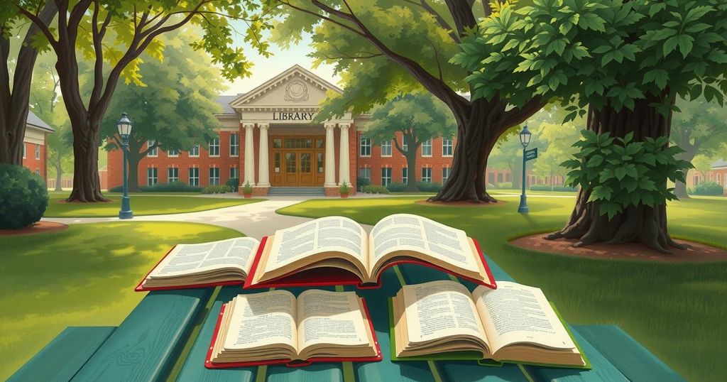 Lush greenery with a serene library and open books symbolizing childhood literacy and advocacy for community health.
