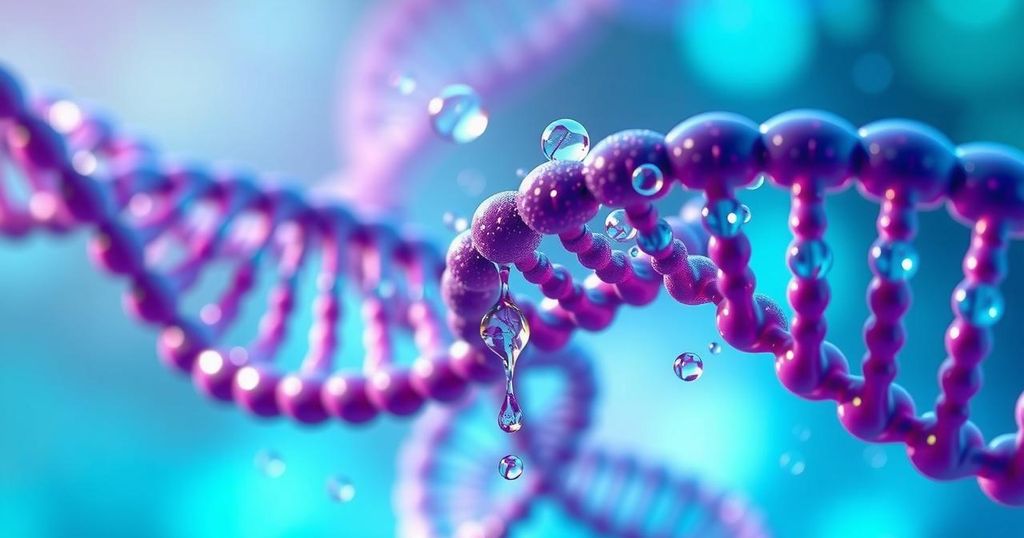 Striking illustration of molecular condensates aiding DNA repair in vibrant colors, demonstrating cellular processes behind cancer treatment.