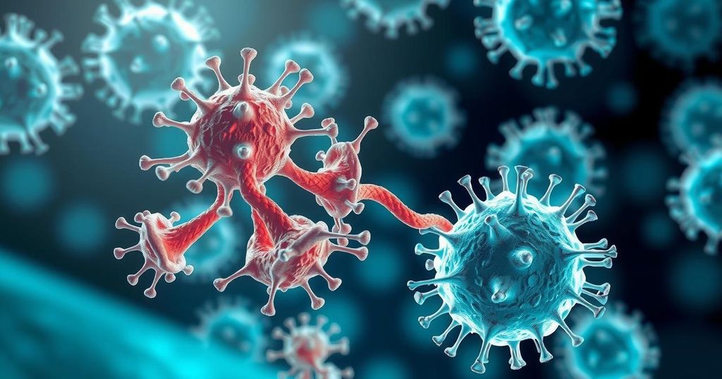 Ilustrasi molekul yang menggambarkan interaksi protein dan lipid dalam sel imun untuk memerangi kanker.