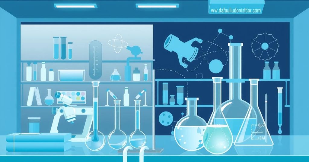 Illustrasi penelitian ilmiah dengan elemen laboratorium modern dan warna biru yang menenangkan.