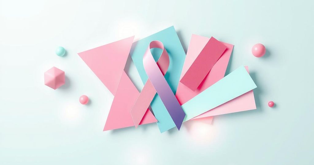 Infographic on breast cancer awareness with abstract shapes and soft pastel colors emphasizing healthy lifestyle.