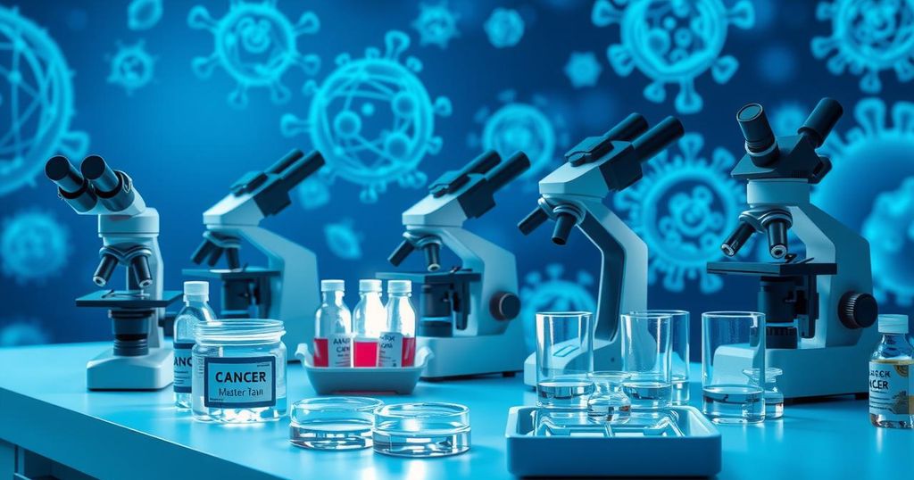 Lab scene with microscopes and cellular structures, showing scientific discovery in cancer research with a blue color scheme.